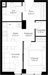 Однокомнатная квартира 38.22 м²