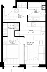 Однокомнатная квартира 40.95 м²