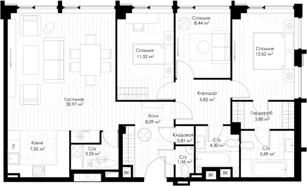 Трёхкомнатная квартира 106.3 м²