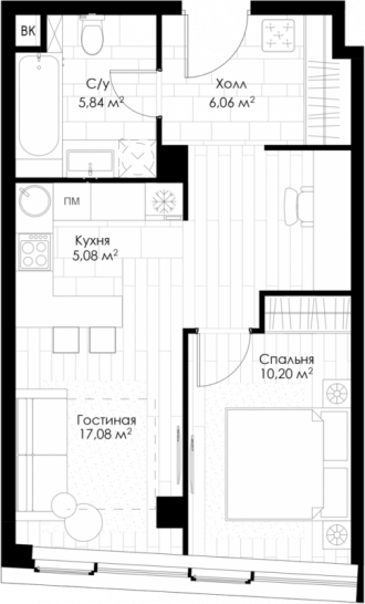 Однокомнатная квартира 44.26 м²
