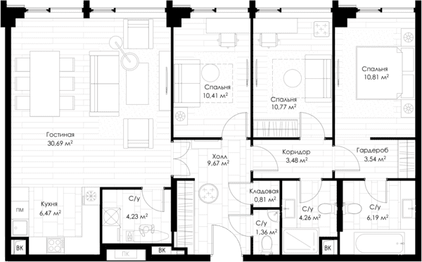Трёхкомнатная квартира 107.15 м²
