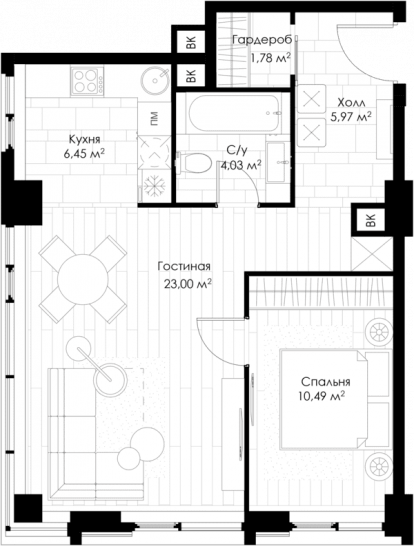 Однокомнатная квартира 51.72 м²