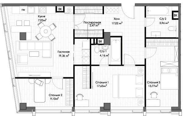 Трёхкомнатная квартира 99.01 м²