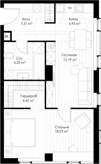 Однокомнатная квартира 54.31 м²