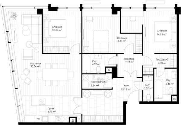 Трёхкомнатная квартира 124.42 м²