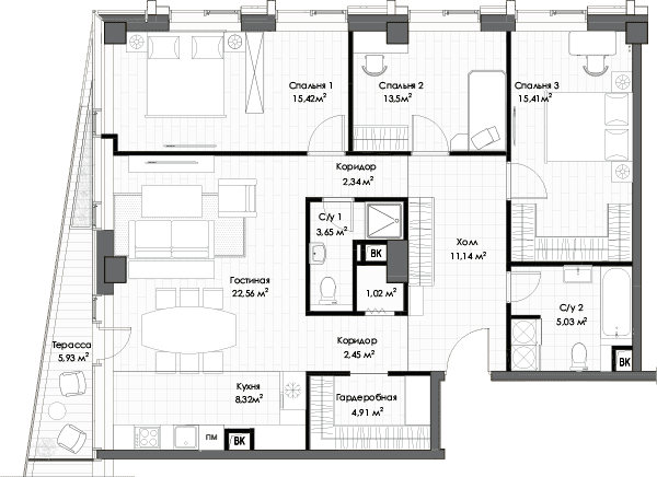 Трёхкомнатная квартира 107 м²