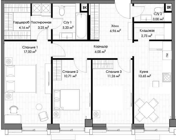 Трёхкомнатная квартира 86.53 м²