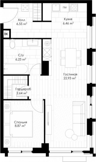 Однокомнатная квартира 53.68 м²