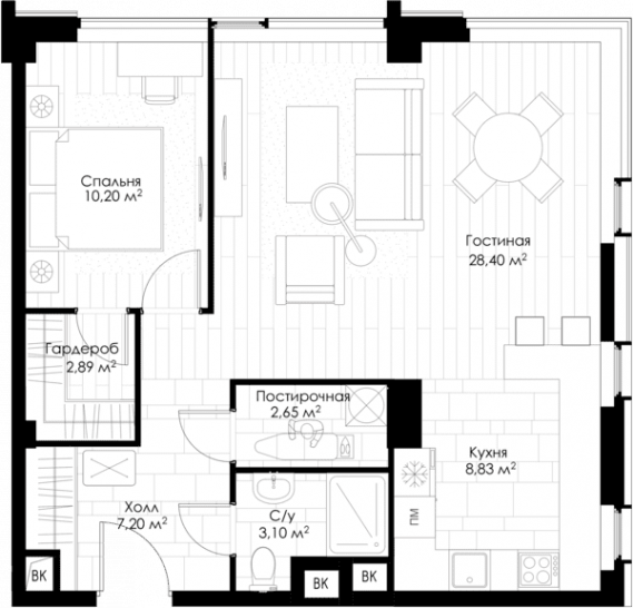 Двухкомнатная квартира 114.47 м²