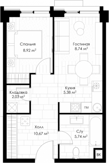 Однокомнатная квартира 41.48 м²